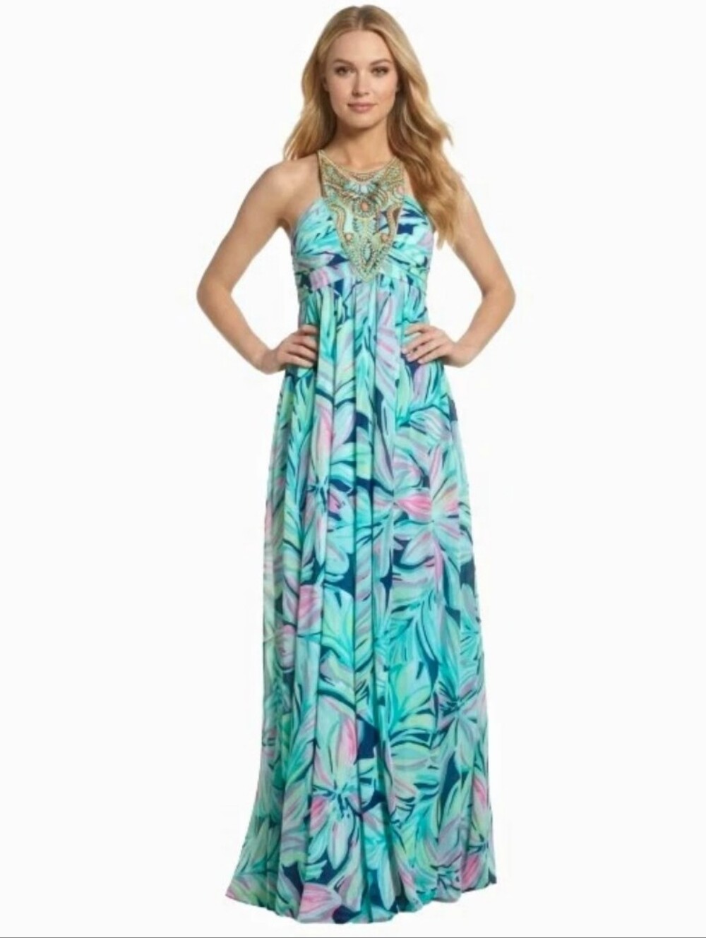 Lilly Pulitzer Lannette High Tide Dancing Lady Gold Beaded Maxi Dress Size: 00